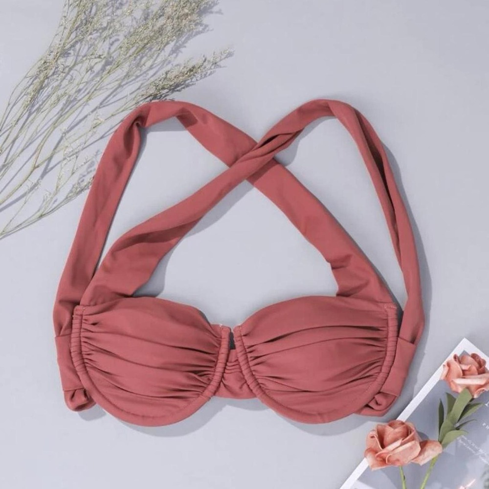 Brown bikini thong underwire crisscross tie top